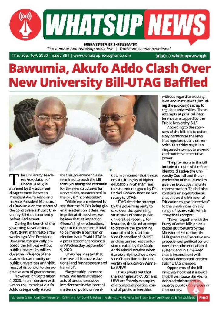 Bawumia, Akufo Addo Clash Over New University Bill-UTAG Baffled